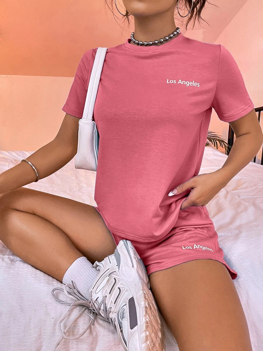 SHEIN Unity 字母圖案T恤和短褲 - 西瓜粉 - 查看 1