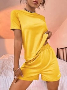 SHEIN Unity Letter Graphic Tee & Shorts - Yellow - View 4