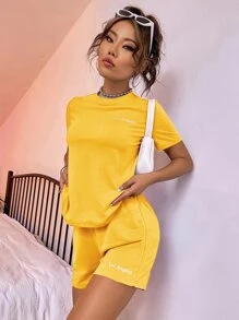 SHEIN Unity Letter Graphic Tee & Shorts - Yellow - View 5