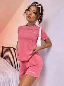 SHEIN Unity 字母圖案T恤和短褲 - 西瓜粉 - 查看 6