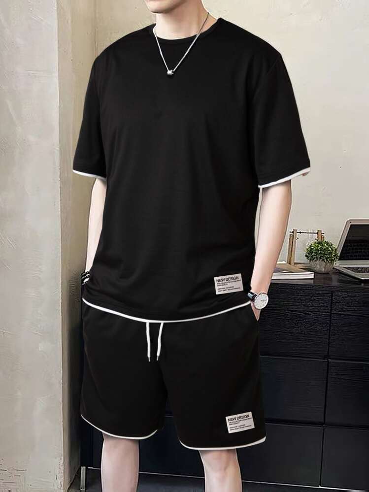 Manfinity Homme Men Letter Patched Detail 2 In 1 Tee & Drawstring Waist Shorts, Cozy Outfits - Black - View 1