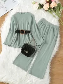 Bộ thời trang bé gái Xù nhỏ Gân đan màu trơn Ăn mặc đẹp - Màu xanh Bạc hà - Xem 1