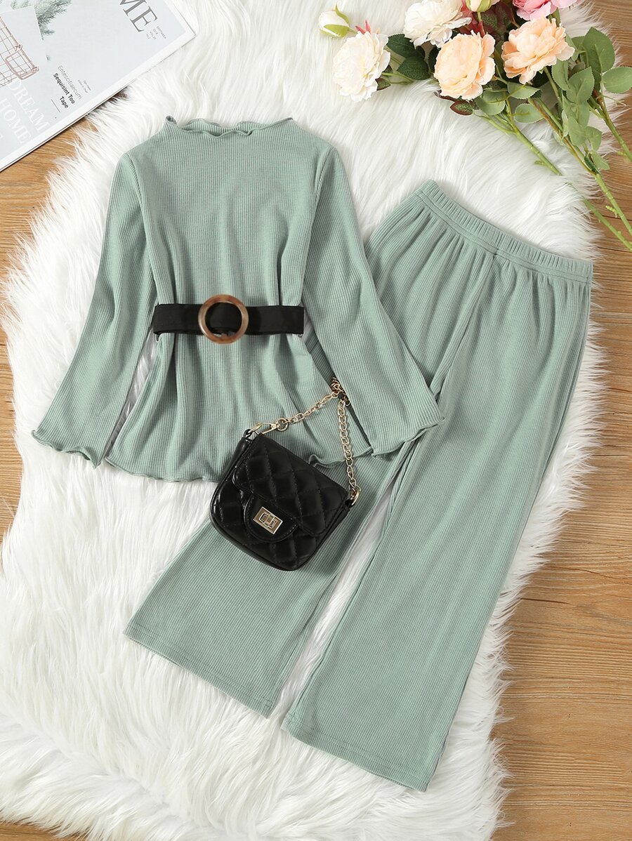 Bộ thời trang bé gái Xù nhỏ Gân đan màu trơn Ăn mặc đẹp - Màu xanh Bạc hà - Xem 1