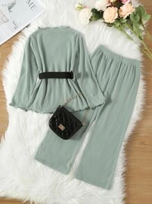 Bộ thời trang bé gái Xù nhỏ Gân đan màu trơn Ăn mặc đẹp - Màu xanh Bạc hà - Xem 2