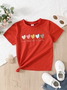 SHEIN Young Girl Heart & Slogan Graphic Tee For Summer - Burgundy - View 1