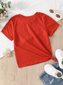 SHEIN Young Girl Heart & Slogan Graphic Tee For Summer - Burgundy - View 2