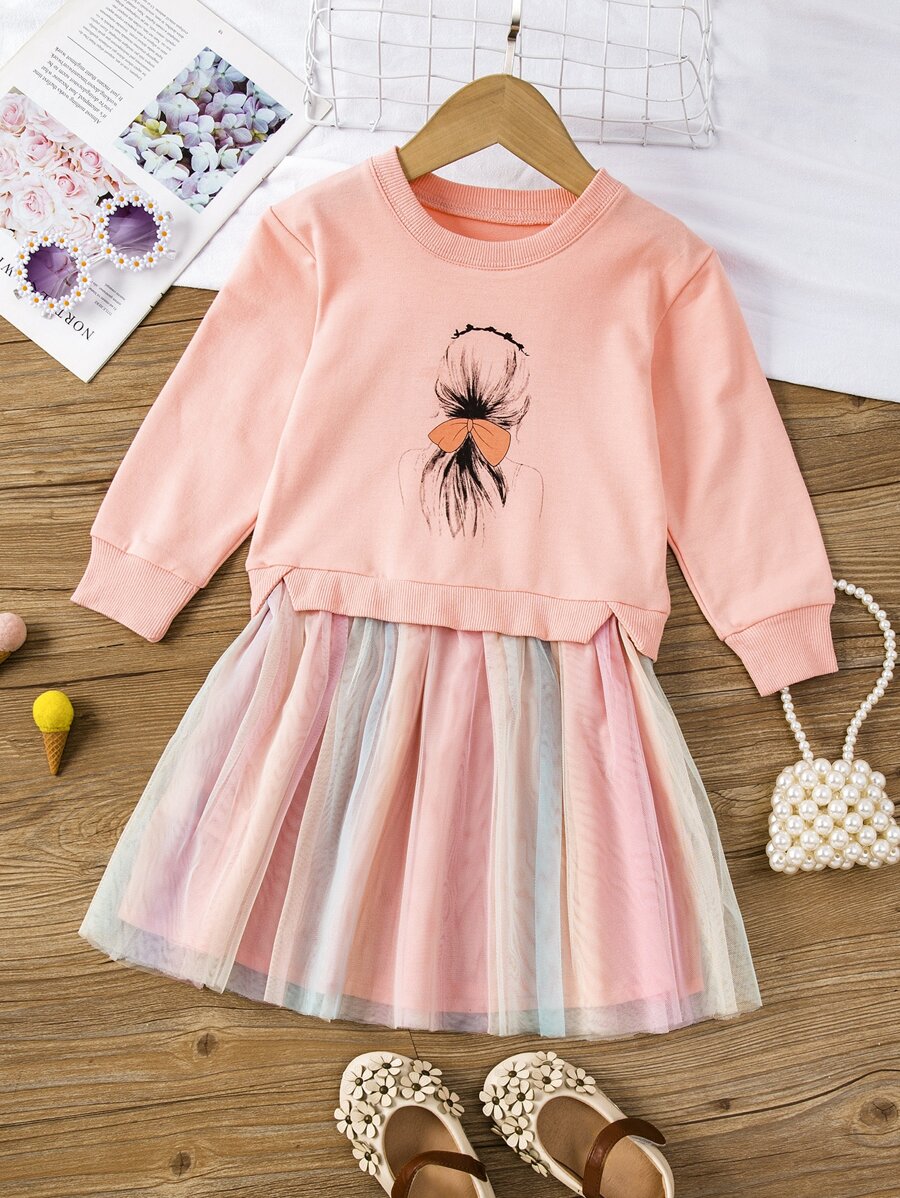 小女童人像圖案網紗邊衛衣連衣裙 - 珊瑚粉 - 查看 1