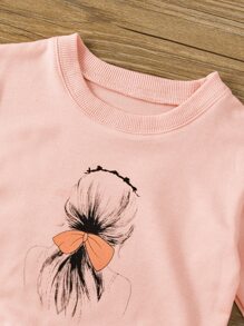 小女童人像圖案網紗邊衛衣連衣裙 - 珊瑚粉 - 查看 4