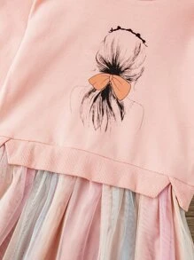 小女童人像圖案網紗邊衛衣連衣裙 - 珊瑚粉 - 查看 7
