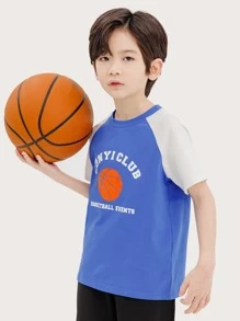 Niños Camiseta con estampado de baloncesto y letra de manga raglán - Azul - Ver 1