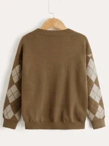 SHEIN Boys Argyle Pattern Drop Shoulder Cardigan - Mocha Brown - View 2