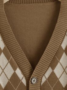 SHEIN Boys Argyle Pattern Drop Shoulder Cardigan - Mocha Brown - View 3