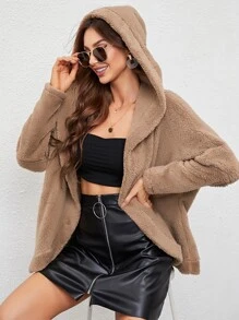 Dolman Sleeve Open Front Hooded Flannel Coat - Khaki - View 1