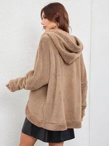 Dolman Sleeve Open Front Hooded Flannel Coat - Khaki - View 2