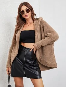 Dolman Sleeve Open Front Hooded Flannel Coat - Khaki - View 3