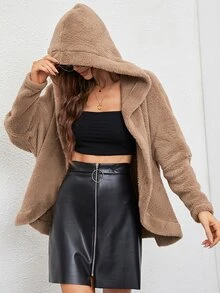 Dolman Sleeve Open Front Hooded Flannel Coat - Khaki - View 4