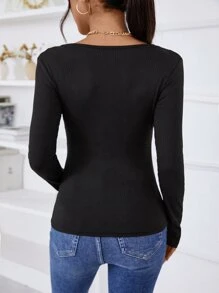 SHEIN LUNE Lace Trim Ribbed Knit Tee - Black - View 2