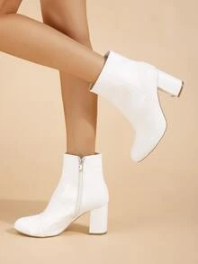 Snakeskin Embossed Zipper Side Chunky Heeled Classic Boots - White - View 2