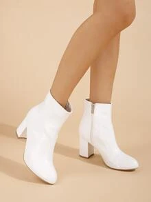 Snakeskin Embossed Zipper Side Chunky Heeled Classic Boots - White - View 3