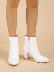 Snakeskin Embossed Zipper Side Chunky Heeled Classic Boots - White - View 4