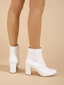 Snakeskin Embossed Zipper Side Chunky Heeled Classic Boots - White - View 5