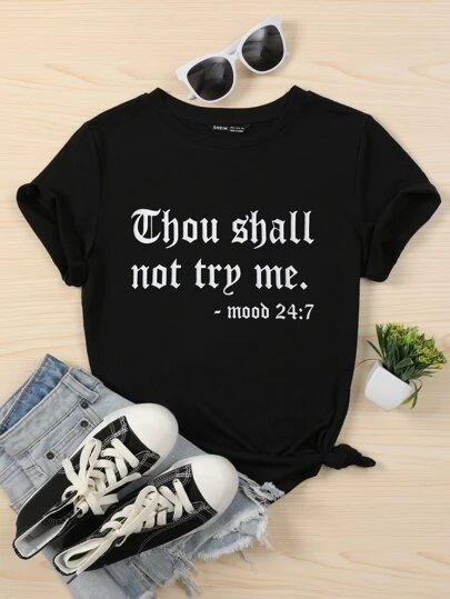 Flirla Plus Slogan Graphic Tee, Thou Shall Not Try Me, Women Summer Top
