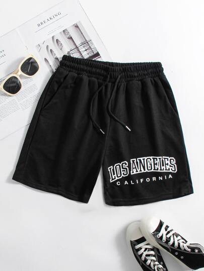 Plus Letter Graphic Drawstring Waist Track Shorts