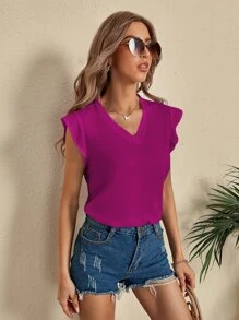 SHEIN Clasi Solid Butterfly Sleeve Blouse - Purple - View 5