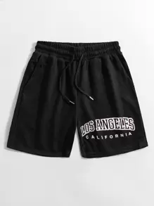 SHEIN EZwear Plus Letter Graphic Drawstring Waist Track Shorts - Black - View 3