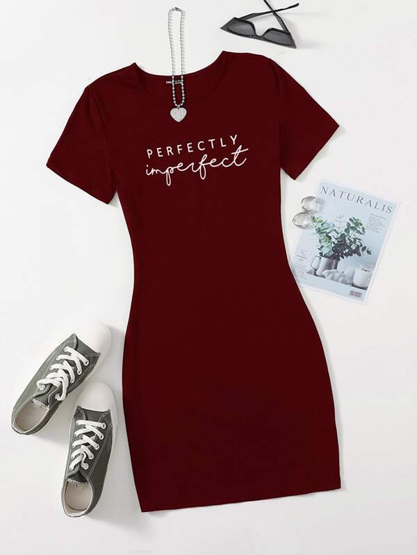 Flirla Plus Letter Graphic Bodycon Dress Burgundy Color Women Outfit