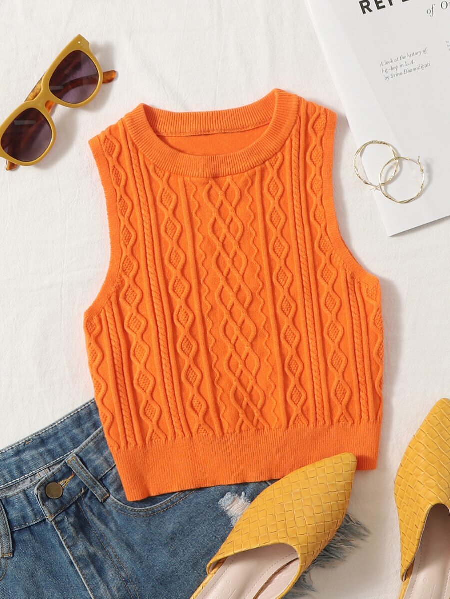SHEIN EZwear 紋理質感針織短款毛衣背心 - 橘色 - 查看 1