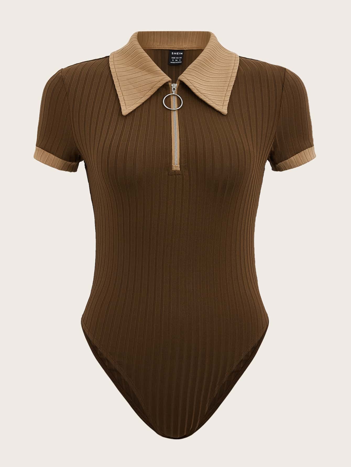 SHEIN EZwear Contrast Collar Quarter Zip Bodysuit - Coffee Brown - View 1
