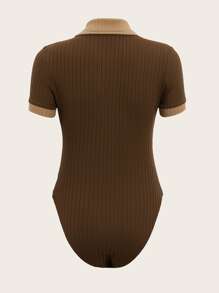 SHEIN EZwear Contrast Collar Quarter Zip Bodysuit - Coffee Brown - View 2