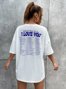 SHEIN Unity Camiseta de hombros caídos con estampado de slogan - Blanco - Ver 1