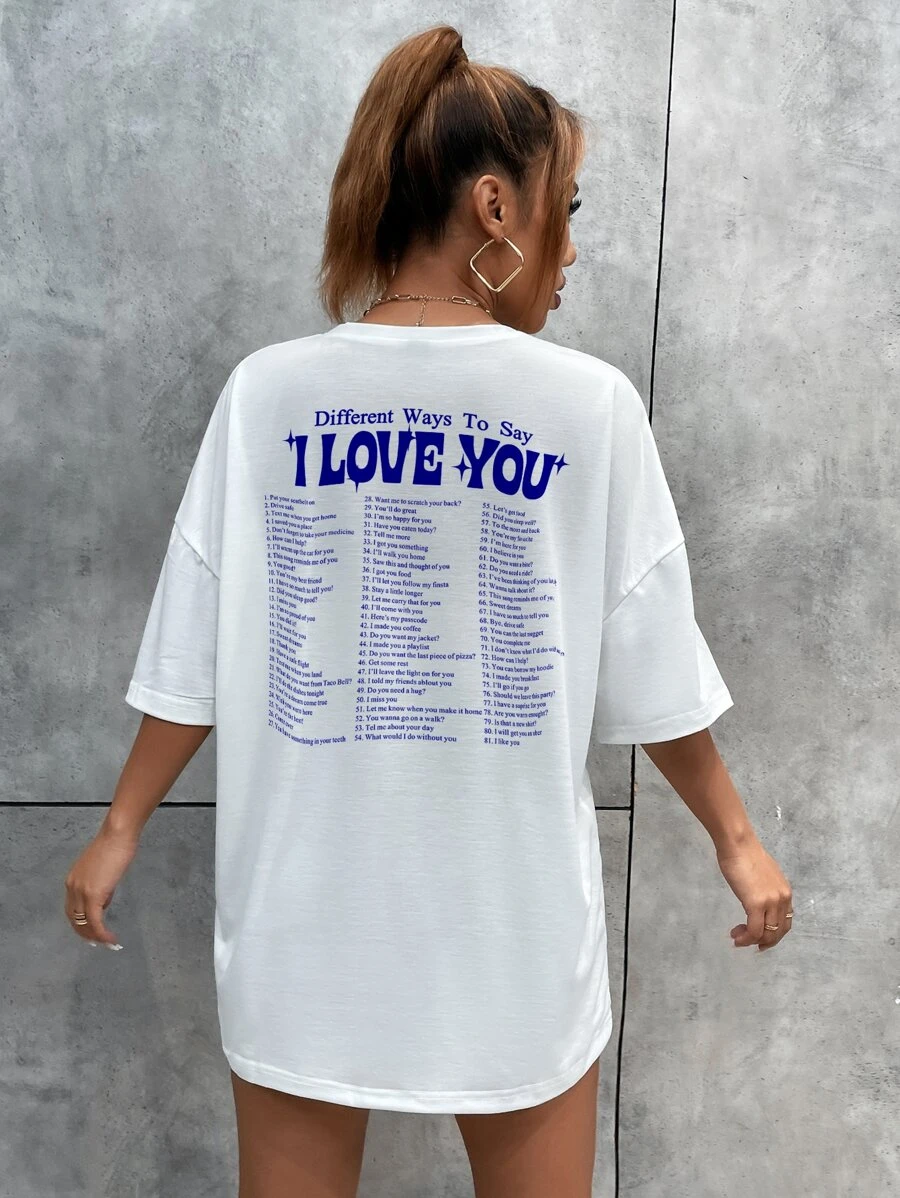 SHEIN Unity Camiseta de hombros caídos con estampado de slogan - Blanco - Ver 1