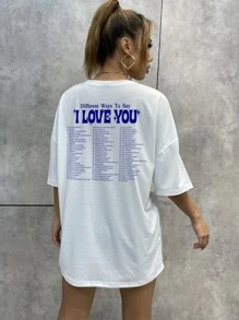 SHEIN Unity Camiseta de hombros caídos con estampado de slogan - Blanco - Ver 3