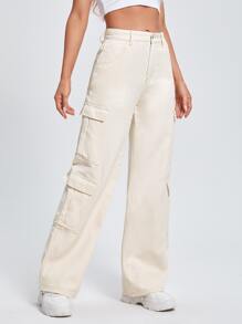 Zipper Fly Flap Pocket Cargo Jeans - Beige - View 3