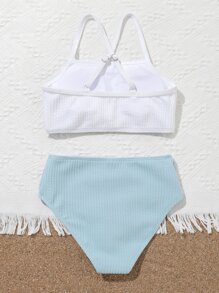 Tween Girl Color Block High Waisted Bikini Set Summer Beach - Blue and White - View 2