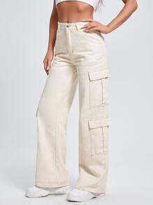 Zipper Fly Flap Pocket Cargo Jeans - Beige - View 5