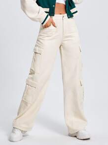 Zipper Fly Flap Pocket Cargo Jeans - Beige - View 6