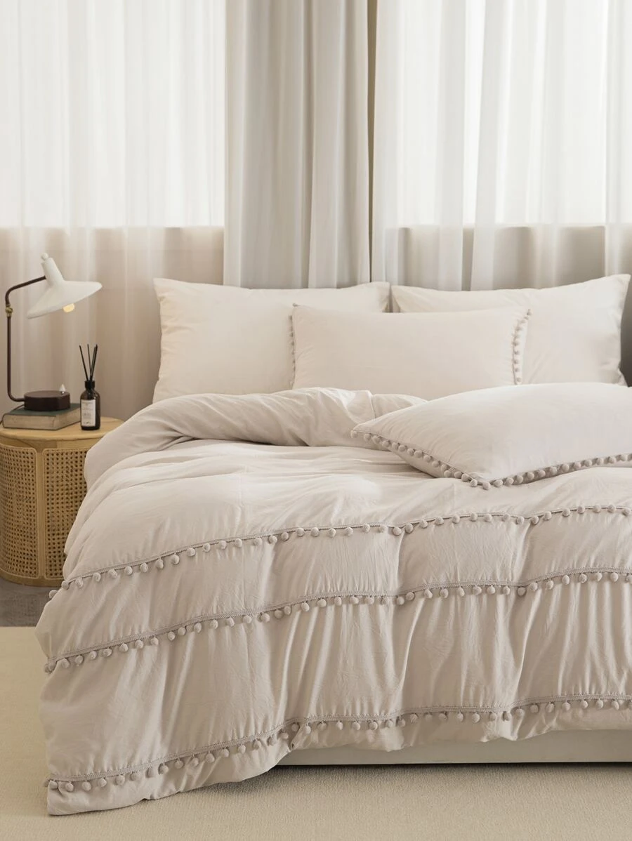 Pom Pom Decor Duvet Cover Set Without Filler - Beige - View 1