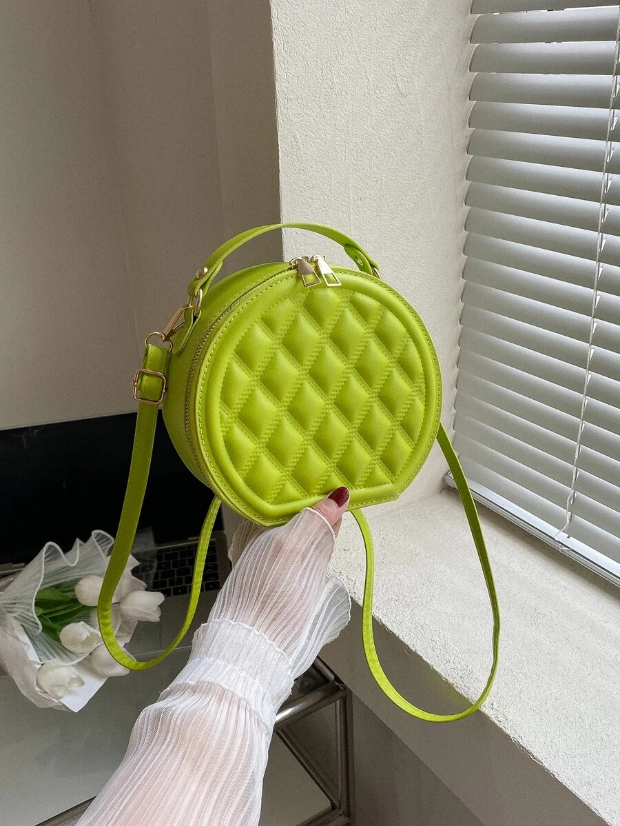 Mini Neon Lime Quilted Circle Bag - Olive Green - View 1