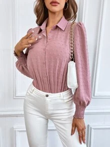 SHEIN LUNE 圓點打褶燈籠袖襯衫連體衣 - 粉色 - 查看 3
