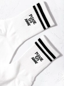 Striped & Slogan Graphic Crew Socks, Fall Socks - Black and White - View 1