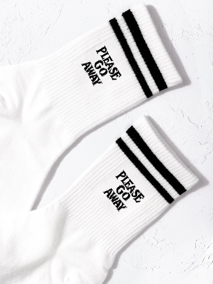 Striped & Slogan Graphic Crew Socks, Fall Socks - Black and White - View 1