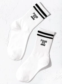 Striped & Slogan Graphic Crew Socks, Fall Socks - Black and White - View 2