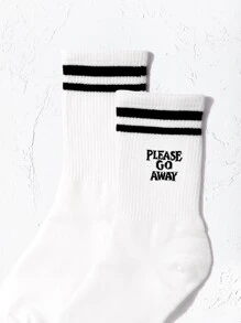 Striped & Slogan Graphic Crew Socks, Fall Socks - Black and White - View 3
