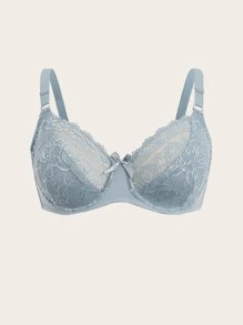 Plus Contrast Lace Bow Detail Underwire Bra - Dusty Blue - View 1