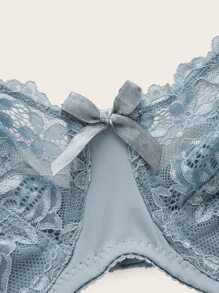 Plus Contrast Lace Bow Detail Underwire Bra - Dusty Blue - View 4