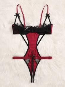 Plus Colourblock Satin Contrast Lace Bow Teddy Bodysuit - Multicolor - View 2